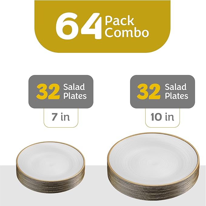 PLASTICPRO 64 Pieces Crystal Design Plastic Plates Combo Pack 7 inch and 10 inch Gold Rim Elegant Disposable Plates, Pearl White