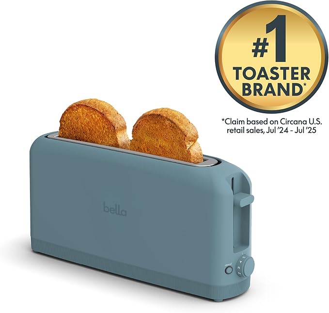 bella 2 Slice Slim Toaster, Fits-anywhere??Kitchenware, 6 Setting Shade Control with Reheat & Cancel Buttons, Fits Sourdough, 10??Long Slot, Anti Jam & Auto Shutoff, 900 Watt, Surf