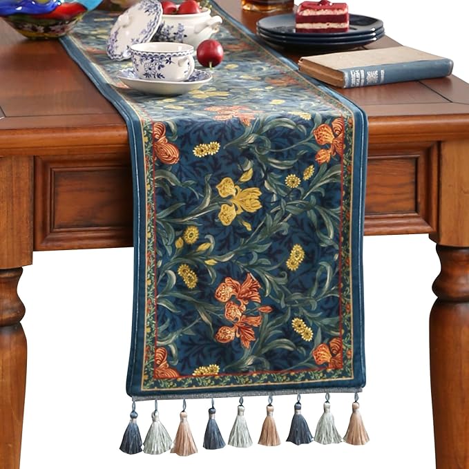 patdrea Designer Casual Wild Floral Velvet Table Runner 102 Inch Long, Dark Blue Occult Bouquets Pattern Table Mat, Decoration for Kitchen Dining Coffee Table Cabinet Banquet Thanksgiving,12"*102"