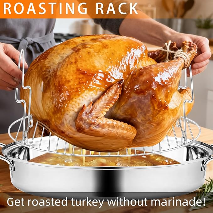 22" Stainless Steel Roasting Pan with Lid and Rack,25LB Capacity,Large Roaster Pan for Oven,Nonstick Roasting Pan for Turkey,Chicken,Gifts for Mom,Wife