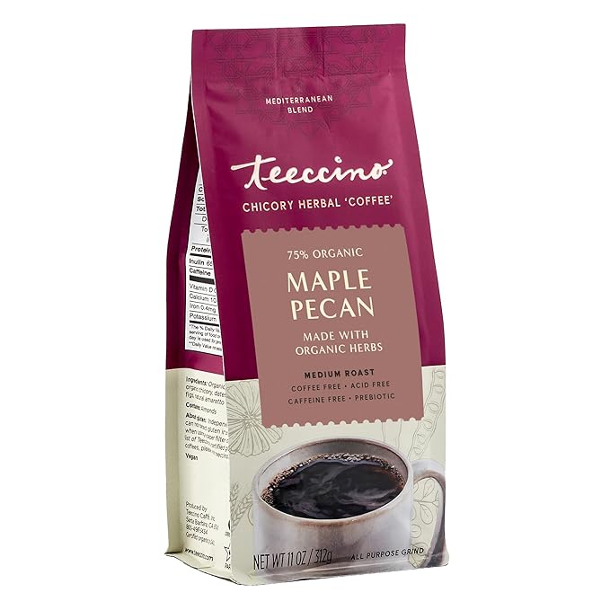 Teeccino Maple Pecan Chicory Coffee Alternative - Ground Herbal Coffee That?™s Prebiotic, Caffeine Free & Acid Free, Medium Roast, 11 Ounce