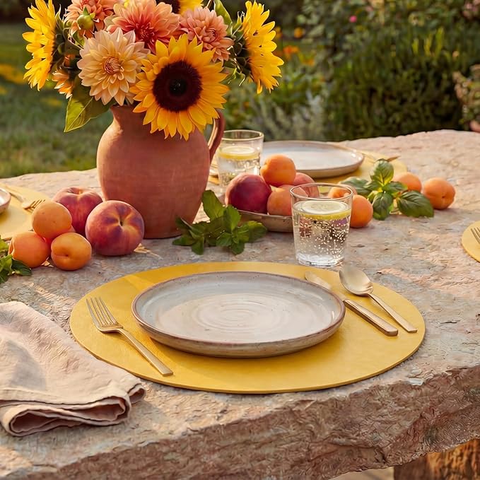 Artoid Mode Yellow Faux Leather Placemats Set of 6, 15 Inch Waterproof Wipeable Heat Resistant Place Mats, Reversible Table Mats for Summer Kitchen Dining Decor