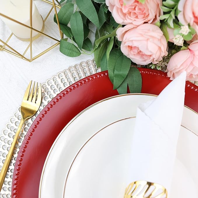 Set of 12 Red Charger Plates with Beaded. 13" Reusable Plastic Table Chargers for Dinner Plates