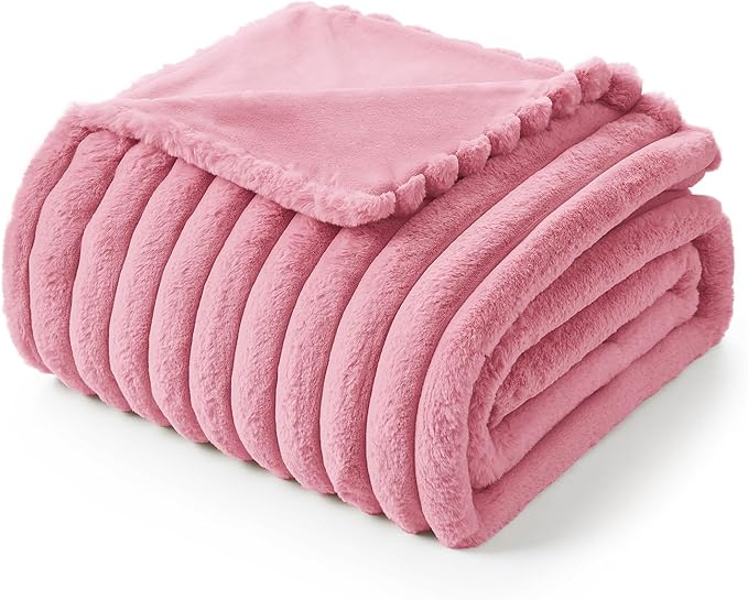 Am챕lie Home Faux Fur Throw Blanket for Couch, Cozy Fuzzy Fluffy Fur Luxurious Soft Striped Plush Gift Blankets for Family Sofa Chair Bedroom, 55"x70", Pink