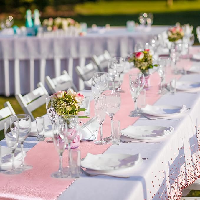 Tudomro 16 Pcs White and Rose Gold Disposable Plastic Tablecloths and Satin Table Runner Set 54x108 Inch Tablecloth 12x108 Inch Table Runners for New Year Wedding Birthday Baby Shower Graduation