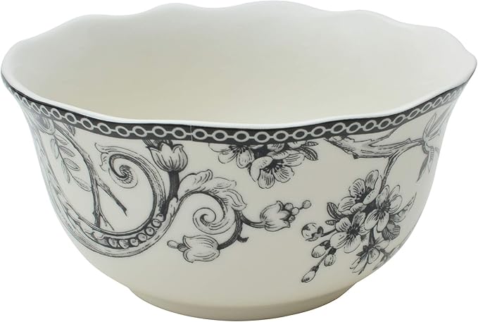 222 Fifth Adelaide 16-Piece Black Porcelain Dinnerware Set ??Service for 4, Featuring Hand-Applied Romantic Woodland Bird Design, for Everyday Dining & Entertainment, Microwave & Dishwasher Safe