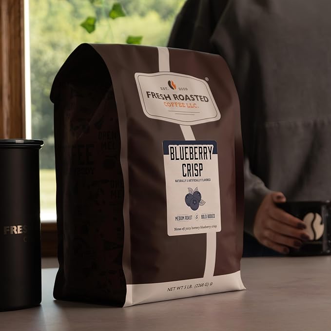 Fresh Roasted Coffee, Blueberry Crisp Flavored Coffee, 5 lb (80 oz), Medium Roast, Kosher, Ground
