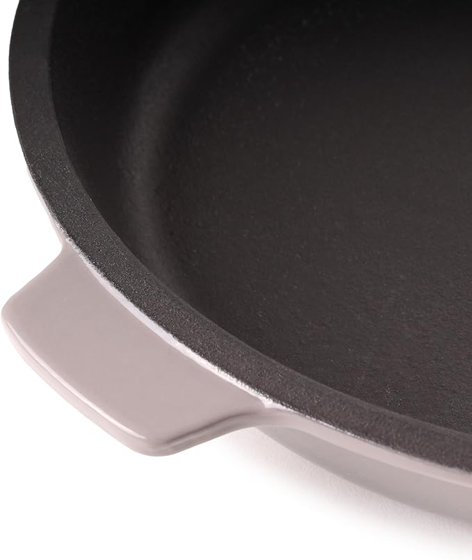 BergHOFF Neo 3Pc Enameled Cast Iron Cookware Set, Fry Pan 10 inches, Grill Pan 11 inches, Slotted Steak Press, Fast, Evenly Heat, Oven safe (Oyster)