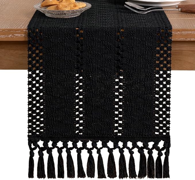 Socomi Boho Table Runner Valentine's Day Farmhouse Rustic Dining Kitchen Centerpiece Decor Small Macrame Woven Cotton Linen Coffee Table Runner for Dresser Scarf Home Decor 12x60 inch Black