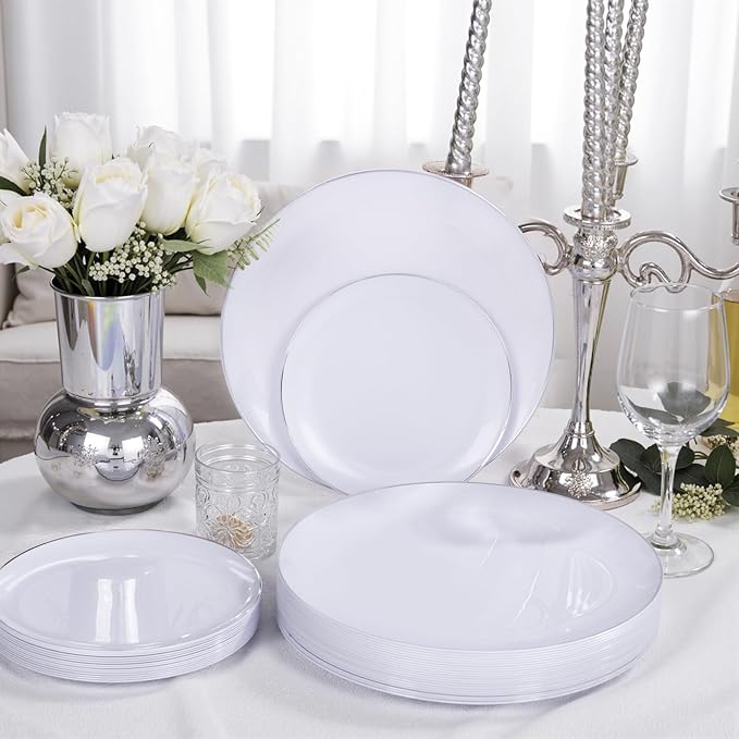 KIRE 200PCS Silver Plastic Plates - White Plastic Plates with Silver Rim Include 100 Dinner Plate and 100 for Dessert/Salad Plate for Birthday/Wedding/Party for Christmas