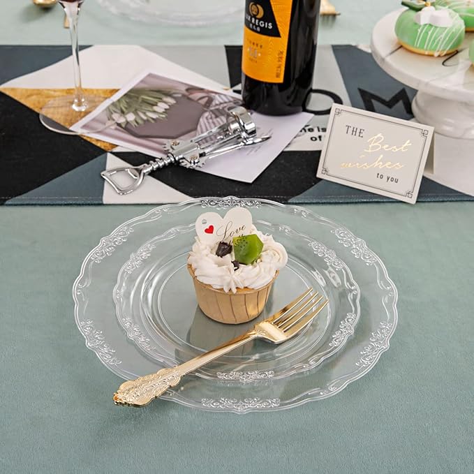 U-QE 100 Pieces Clear Plastic Plates - Clear Disposable Plates - Premium Hard Plastic Plates for Party, Holiday and Party Use Including 50 Dinner 10 '' & 50 Dessert Platos 7.5 ''
