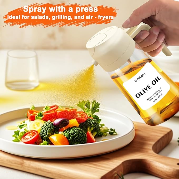 2 in 1 Glass Oil Sprayer & Dispenser,16oz/470ml Olive Cooking, Air Fryer, and Salad, for Kitchen Gadgets and Air Fryer Accessories, w/Stickers (White)