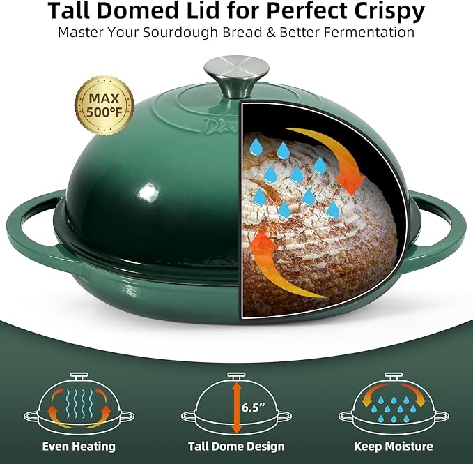 Davivy Cast Iron Oval Bread Pan with Lid 6QT, Dutch Oven for Sourdough Bread, Non-stick Cast Iron Sourdough Baking Pan with Silicone Oven Mitts - Foreset Green