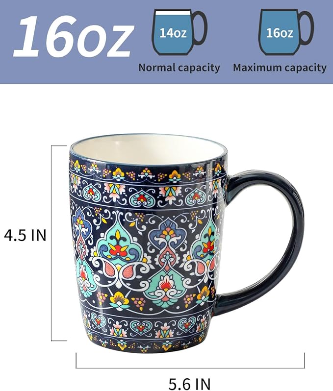 glowworm Coffee Mugs Set of 6, 16 oz Ceramic Coffee Mug with Handle, Large Coffee Cups for Latte, Cappuccino, Milk Dishwasher & Microwave Safe, Bohemian