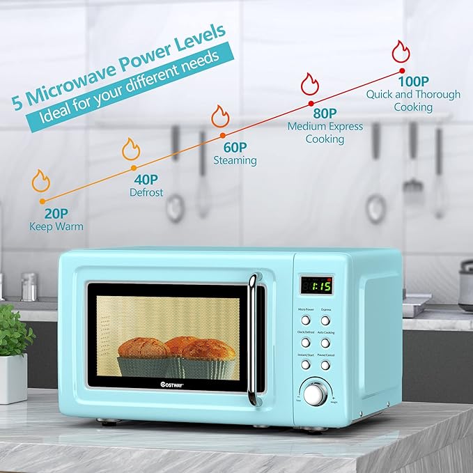 COSTWAY Retro Countertop Microwave Oven, 0.7Cu.ft, 700-Watt, High Energy Efficiency, 5 Micro Power, Delayed Start Function, with Glass Turntable & Viewing Window, LED Display, Child Lock (Green)