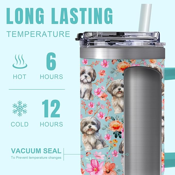 Yogusut Shih Tzu Gifts for Women, 40oz Stainless Steel Insulated Tumbler Travel Mug Cup with Handle Straw, Gifts for Dog Mom Dog Lover