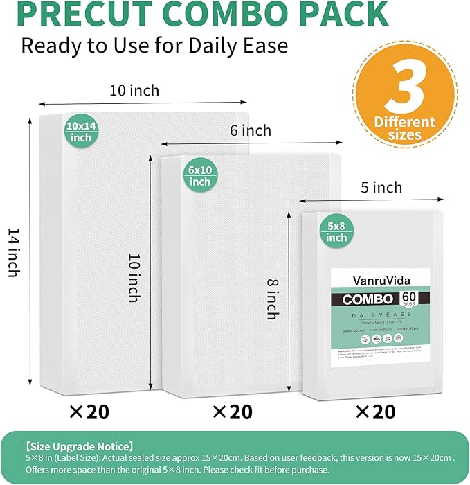 VanruVida Vacuum Sealer Bags for Food,5??x 8??6??x 10??10??x 14??60 Count,Commercial Grade Textured Pre-Cut Seal Bags,BPA Free Food Storage Bags for Freezer, Meal Prep, or Sous Vide