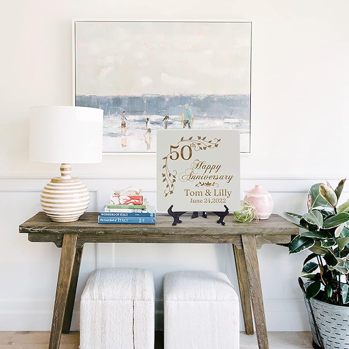 Custom 50th Wedding Anniversary Plate with Stand ??9" Ceramic Square China Plates, Personalized Golden Anniversary Present for Couple, Customize with Text Only