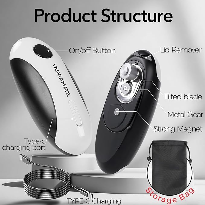 YARRAMATE Electric Can Opener, One Touch Rechargeable Automatic Can Openers for Kitchen Fits All Cans Sizes - Smooth Edge, Hands-Free for Seniors | With Storage Bag, Portable for Travel