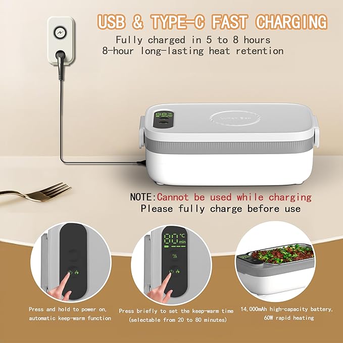 Portable Wireless Electric Heated Lunch Box for Men,Heating Food Warmer Lunch Box,Rechargeable 14000 mAh Battery,4.2 Cups Capcity Inner Food Warmer Container,Lunchbox for Travel,Outdoor,Picnic,Office