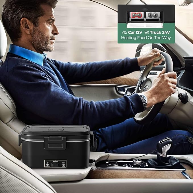 Vidaskeci Electric Lunch Box for Adults 1.8L-80W Heated Lunch Box Food Warmer, ON/OFF Power Switch 12/24V/110V,Car, Truck, Work, Travel(Black) 1.8L Portable Fast Heating