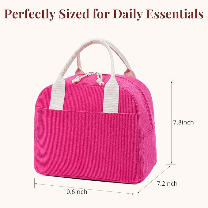LOVELYWIND Insulated Lunch Bag for Women Men, Stylish Corduroy Tote Bag with Aluminum Lining, Large Capacity Reusable Cooler for Work, Travel, or Beach, Berry Red Lunch Box