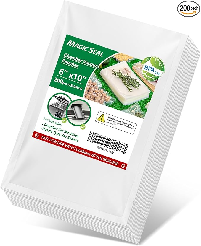 MAGIC SEAL Chamber Vacuum Sealer Bags for Food ??200 Pint 6'' x 10'' Pre-Cut Vacuum Chamber Pouches for Storage, Meal Prep and Sous Vide, BPA-Free Heavy Duty Smooth Bags