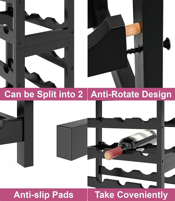 6 Tier Bamboo Wine Rack with Table Top, Freestanding 48-Bottle Wine Storage Shelf, Wine Display for Kitchen, Bar, Dining Room, Living Room, Ivory White and Black