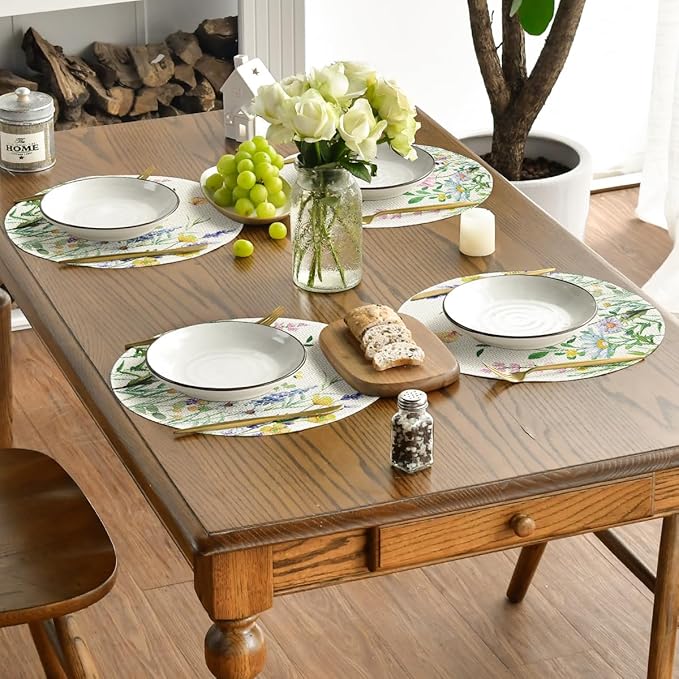 Artoid Mode Daisy Eucalyptus Lavender Floral Leaves Round Spring Placemats Set of 4, 14 Inch Summer Round Table Mats for Dining Decoration
