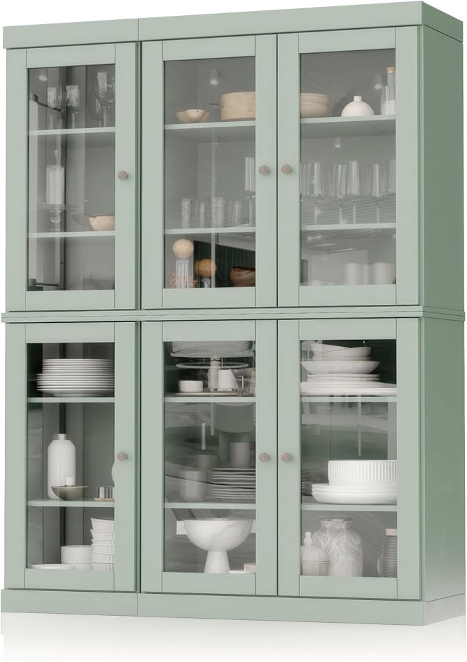 Palace Imports 100% Solid Wood 48.5" Pantry China Cabinet with Clear Glass Doors and Adjustable Shelves (Sage)