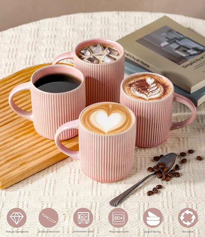 GBhome Coffee Mugs Set for 6, 11oz Coffee Cups with Handle for Man,Woman,Dad,Mom, Stoneware Mugs Sets for Coffee, Latte,Tea, Hot Cocoa, Milk, Dishwasher&Microwave Safe,Pink