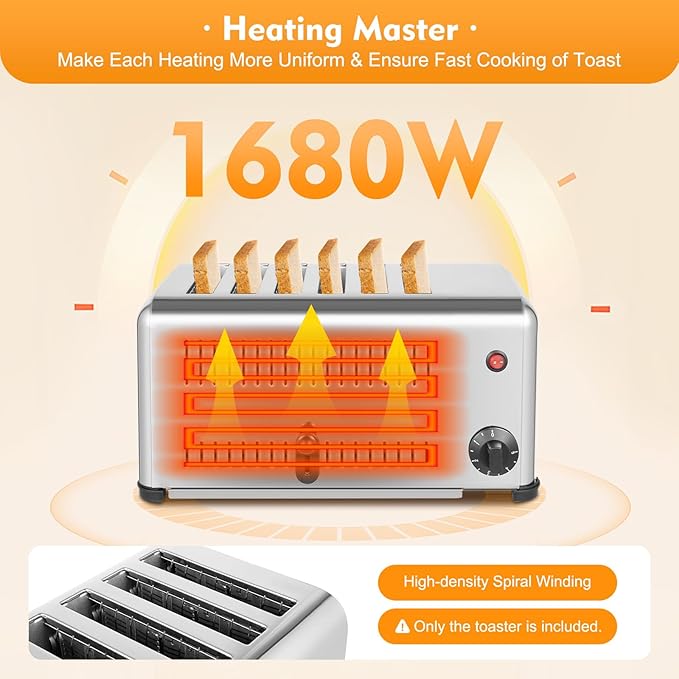 6 Slice Commercial Toaster, 1680W/110V Bread Oven with 2 Modes, Stainless Steel Toast Sandwiches Berad Baking Machine, for Household Kitchen Restaurant Bakery Dessert Store (16.1 * 8.7 * 8.5in)
