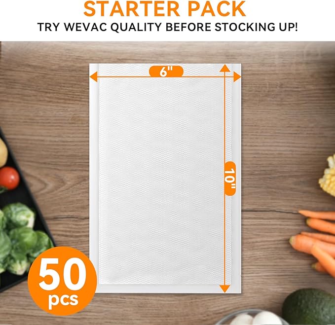 Wevac Vacuum Sealer Bags ??50 Count (6?냉?0??, Heavy-Duty BPA-Free Food Storage Bags, Puncture-Resistant, Freezer & Sous Vide Safe, Compatible with All Vacuum Sealers