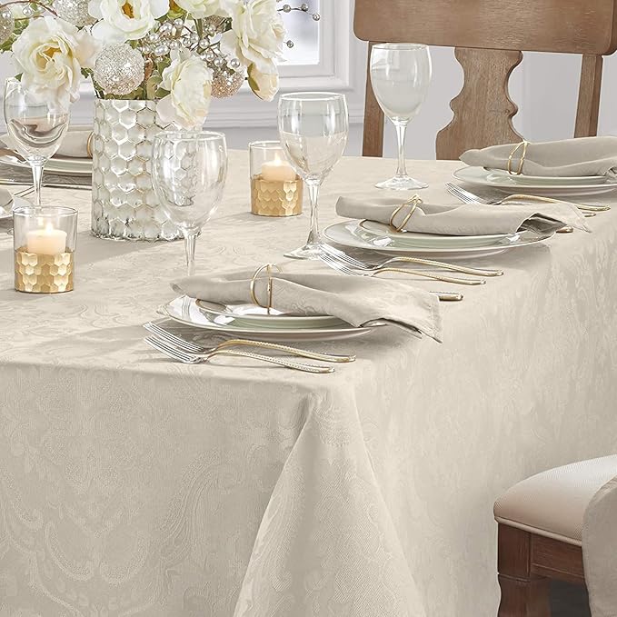 Elrene Home Fashions Caiden Elegance Damask Waterproof, Stain & Wrinkle Resistant Fabric Tablecloth, 60" x 102" Oblong/Rectangle, Taupe