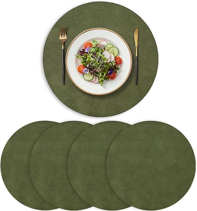 Artoid Mode Olive Green Faux Leather Placemats Set of 4, 15 Inch Waterproof Wipeable Heat Resistant Place Mats, Reversible Table Mats for Kitchen Dining Decor