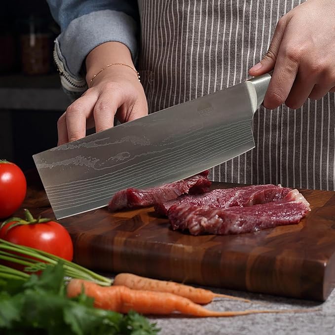 Professional 2-Piece Kitchen Knife Set, Nakiri and Paring Knives, Stainless Steel with Red Marbled Handle (Wood)