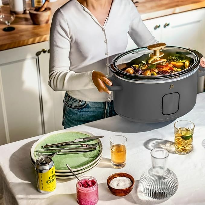 Beautiful 6 Quart Programmable Slow Cooker by Drew Barrymore ??Large Capacity, Ceramic Removable Pot, Tempered Glass Lid, Dishwasher Safe, Auto Keep Warm (Oyster Grey)