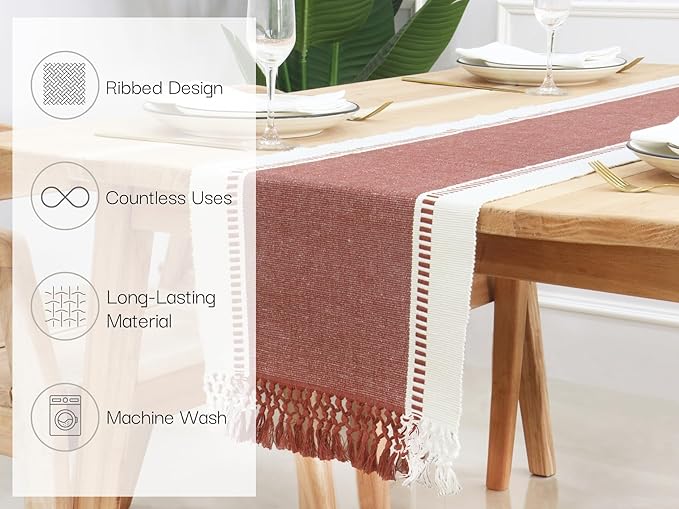 PurpleEssences Rust Table Runner - Wide with Dobby Stripe, Heavy Ribbed Weave & Double Knot Fringes, 14x90 Inch (14x95.5 with Fringes) Farmhouse Decor - Christmas Holiday Winter - Rust and H.White