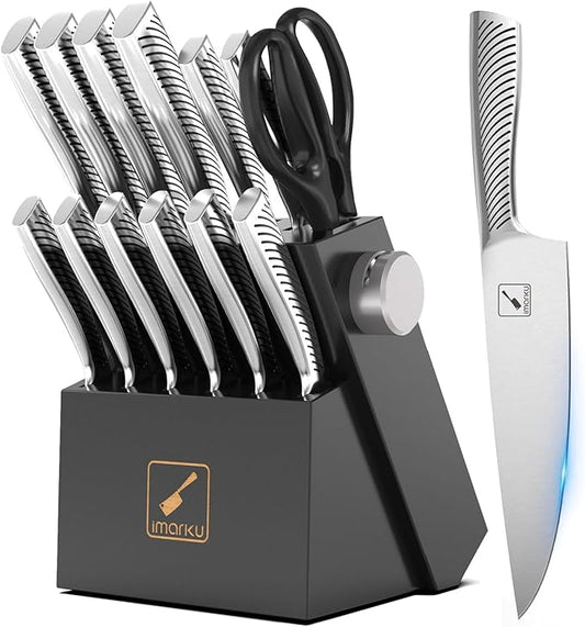 imarku Knife Block Set, 14Pcs High Carbon Stainless Steel Knife Set with Block, Kitchen Knife Set Black, Dishwasher Safe, Build-in Sharpener