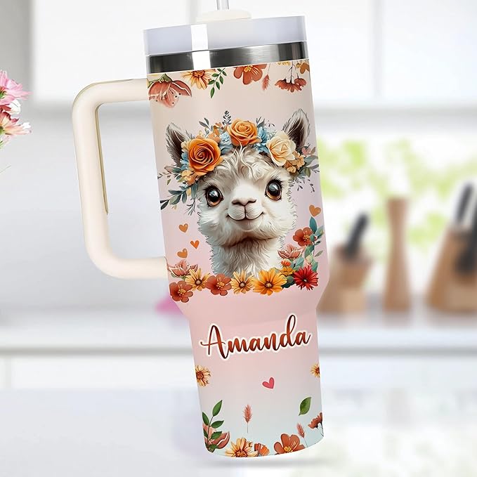 AGGLOMEKC Personalized Cute Llama Cup - Mother's Day Birthday Gift For Animal Lovers - Just A Girl Who Loves Llama Tumbler 40oz With Custom Name - Pet Lover Gifts For Women, Her