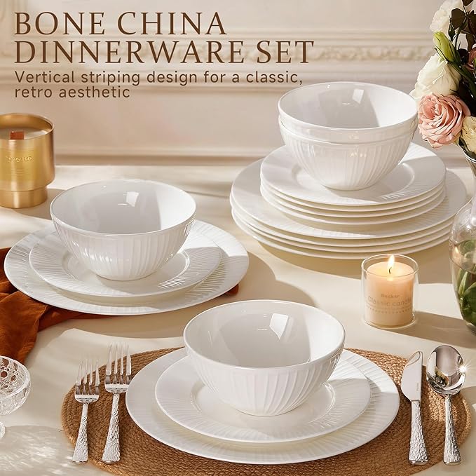 KINGSTONE Bone China Dinnerware Set, 12-Piece White Lightweight Porcelain with Textured Design Service for 4, Plates, Bowls, for Family Dining, Restaurants, Gifting竊똌icrowave and Dishwasher Safe