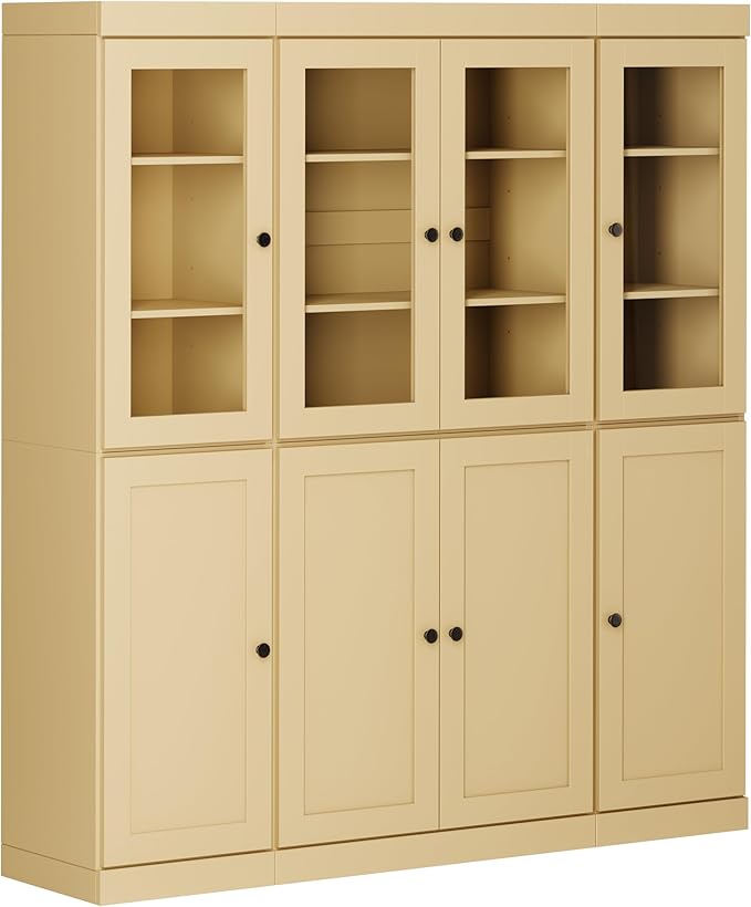 Palace Imports 100% Solid Wood Kitchen China Pantry Cabinet, 65" W - 4 Clear Glass & 4 Shaker Doors, Renewable Eco-Friendly Wood, Made in Brazil (Yellow, 8 China/Shaker Doors | NO Drawers)