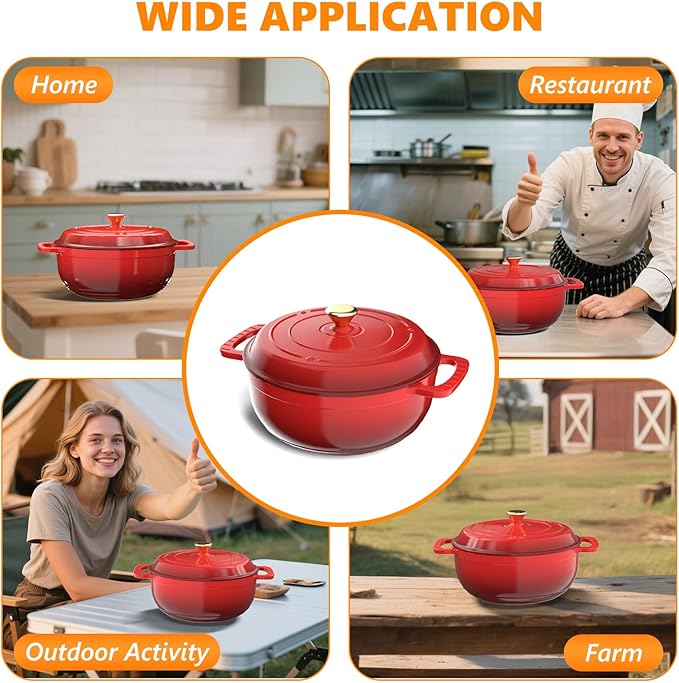 ROVSUN Enameled Cast Iron Round Dutch Oven, 6QT Pot with Lid &Dual Handles with Silicone Gloves,Oven Safe up to 500째F, Heavy-Duty Pre-Seasoned Cookware for Bread Baking, Braising, Stews, Roasting, Red