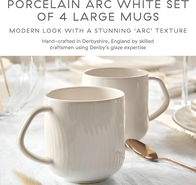 Denby - Porcelain Arc White Coffee Mug Set of 4-13.5oz Simple Tea Mug Set For Office & Home - Dishwasher Safe, Microwave Safe - Ceramic Cups With White Glaze