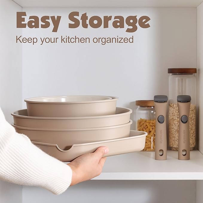 SENSARTE 17 Piece Ceramic Pots and Pans Set, Nonstick Detachable Handle Cookware, Induction Kitchen Cookware Set with Removable Handle, Dishwasher 竊?Oven Safe (Almond Beige)