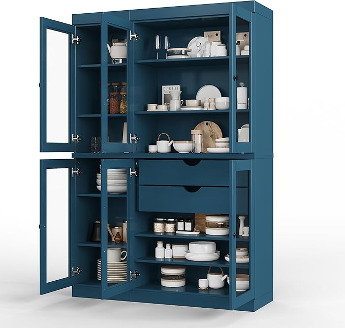 Palace Imports 100% Solid Wood 48.5" Pantry China Cabinet with Clear Glass Doors, 2-Drawers and Adjustable Shelves (Teal Blue)