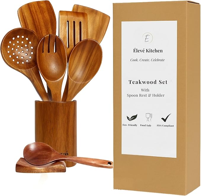 Natural Teak Wooden Spoons for Cooking & Serving Spoons | 9-Piece Home and Kitchen Wooden Utensil Set with Utensil Holder & Spoon Rest | Durable and Non-Stick Wooden Kitchen Utensils Set