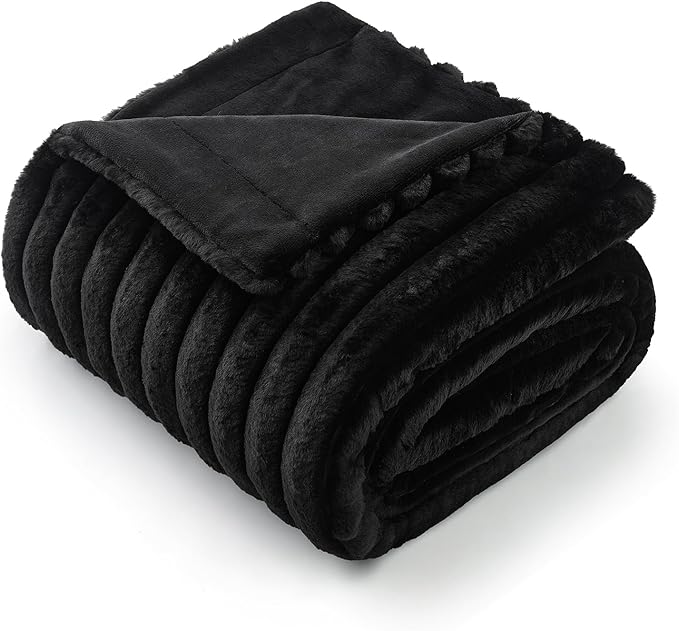 Am챕lie Home Faux Fur Throw Blanket for Couch, Cozy Fuzzy Fluffy Fur Luxurious Soft Striped Plush Gift Blankets for Family Sofa Chair Bedroom, 55"x70", Black