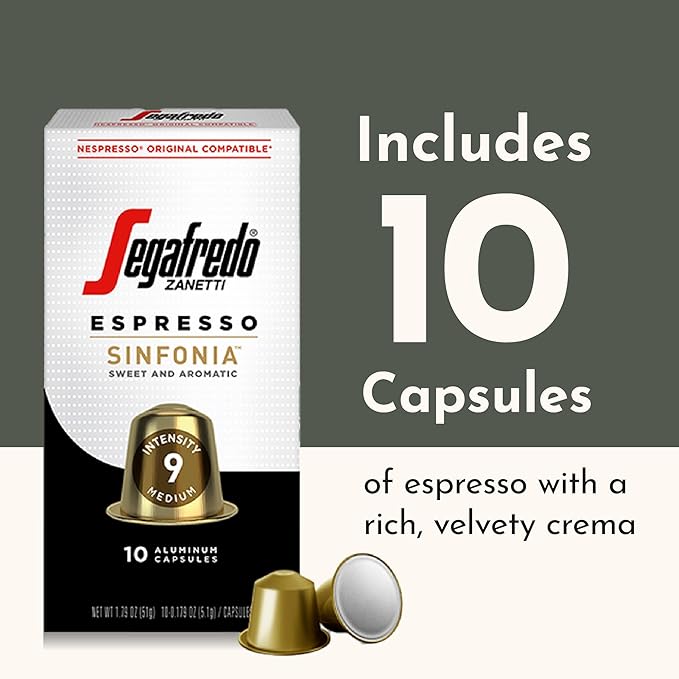 Segafredo Zanetti Espresso Capsules ??Aluminum Pods for Nespresso Original Machines ??Medium Roast Premium Espresso with a Sweet Aroma ??Subtle, Intensity 9 ??Sinfonia, 10 Count