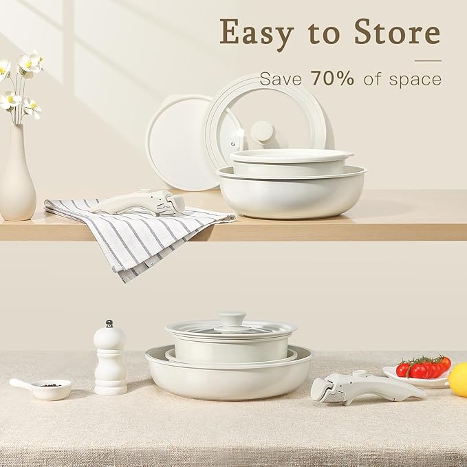 GiPP Ceramic Pots and Pans Set Non Stick, Nonstick Detachable Handle Cookware Sets, Healthy Non Toxic PFAS PFOA & PTFE Free, Dishwasher 竊냀ven Safe, Induction Kitchen Pot and Pan, 15 Piece Cream
